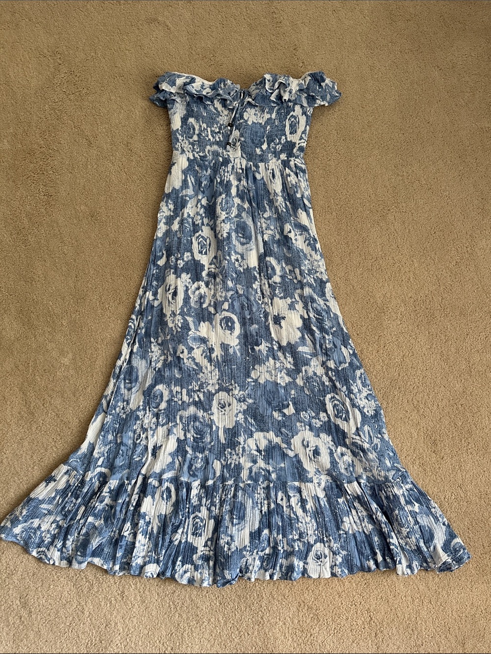 Strapless Blue and White Floral Maxi Dress